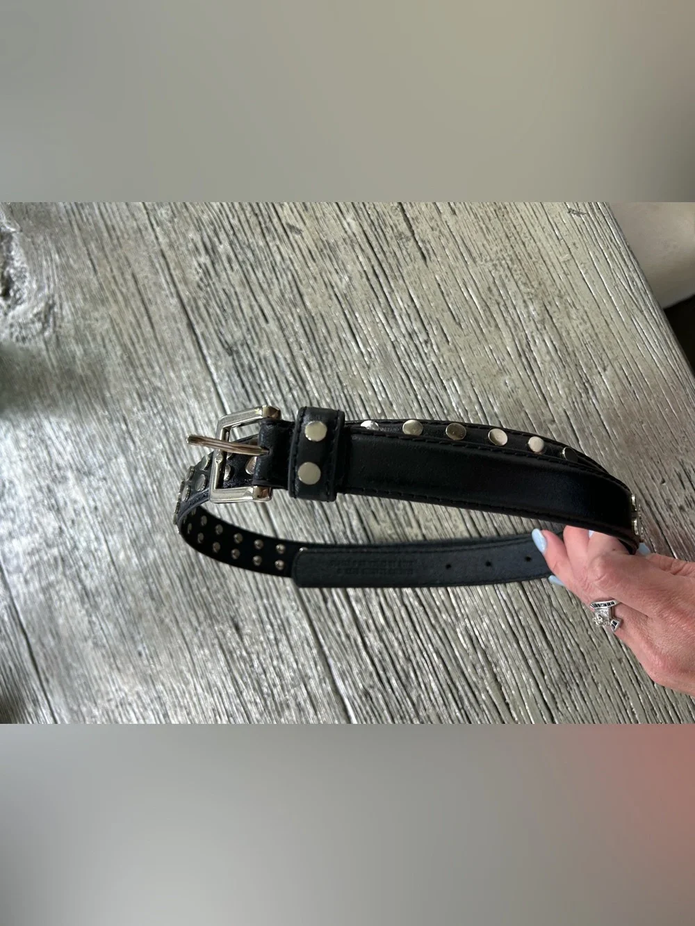 White House Black Market Black Leather Studded Belt with Silver Buckle NEW